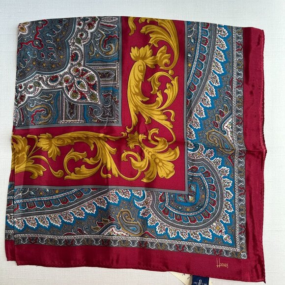 Honey NWT Silk Scarf 30x30 Baroque Gold Red Blue - Picture 7 of 10